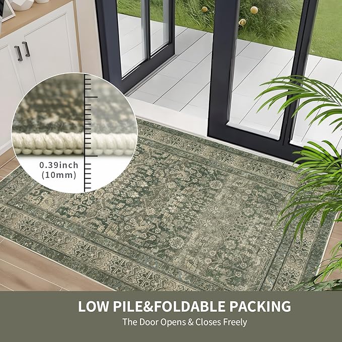 Vintage Washable Area Rug for Living Room,Low Pile 5x7 Non Slip Carpet Non-Shedding Area Rug Soft Indoor Stain Resistant Rug Floral Print Mat for Bedroom Dining Room Green