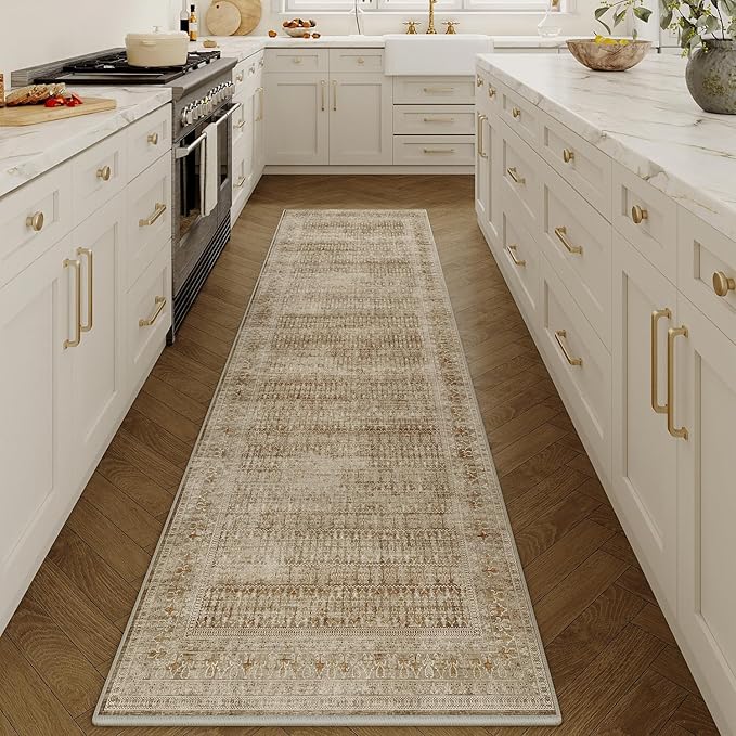 Brown 2x8 Area Rug Runners for Hallways Washable Vintage Distressed Carpet Low Pile Non Slip Indoor Retro Soft Long Accent Rug Bedroom Kitchen Bathroom Laundry Dining Living Room