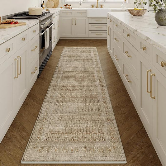 Brown 2x8 Area Rug Runners for Hallways Washable Vintage Distressed Carpet Low Pile Non Slip Indoor Retro Soft Long Accent Rug Bedroom Kitchen Bathroom Laundry Dining Living Room