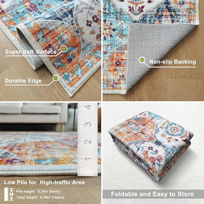 Washable Runner Rug 2x6 Non Slip Machine Washable Vintage Hallway Runner Rug, Low Pile Lightweight Rugs for Entryway, Corridor and Kitchen