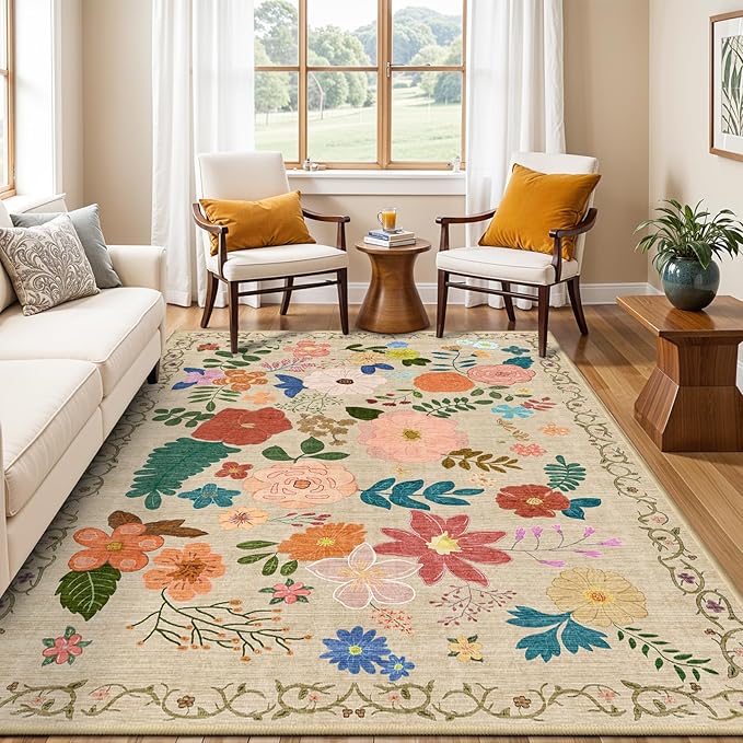 YOUFORTONG Washable Rug 9x12 Area Rugs: Soft Ultra Thin Low Pile Mat Machine Washable Indoor Doormat Lightweight Entry Rug Anti Slip Backing Rugs for Living Room Bedroom Kitchen 9'x12' Beige Floral
