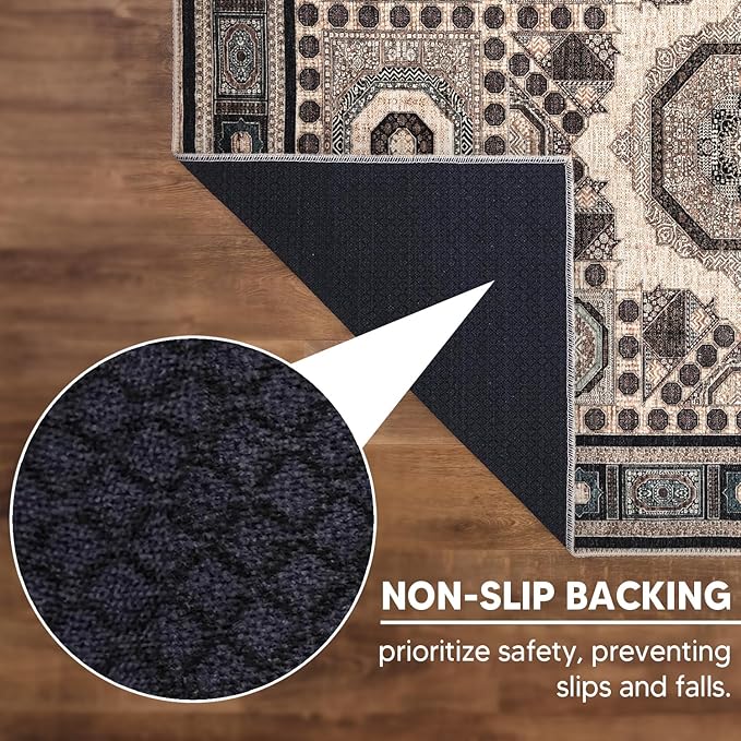 Keen Home Design 2'6" x 10' Machine Washable Runner Rug with Non-Slip Backing, Ideal for Hallway, Entryway, Kitchen, Laundry Room - Vintage, Easy Clean, Durable, Low Pile - Beige / Indigo Blue