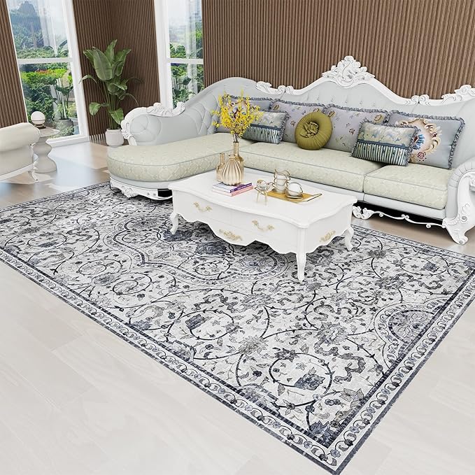 SALLOUS Runner Rug for Hallway, 6x2ft Vinyl Floor Mat for Hallway, Non-Slip Kitchen Mat for Home, Waterproof Area Rug for Bathroom, Entryway (Grayish Blue, Bohemian-Style)