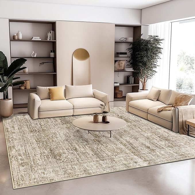 10x14 Area Rugs for Living Room, Non Slip Machine Washable Vintage Rugs, Low Pile Lightweight Large Rug for Bedroom, Dining Room, Home Office Brown