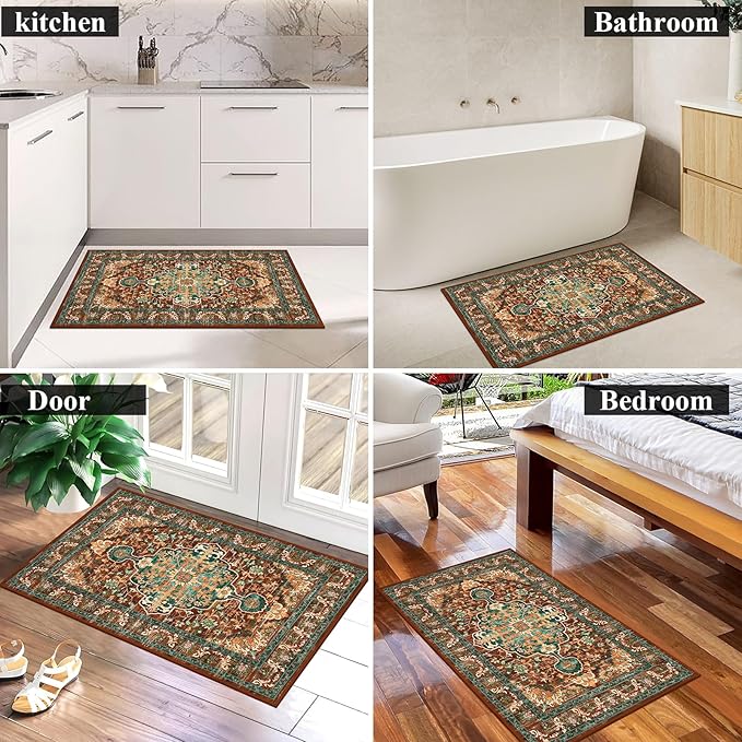 U'Artlines 2x3 Washable Boho Area Rug, Small Non Slip Vintage Doormat for Indoor Front Door Ultra Thin Mat Carpet for Entryway Kitchen Bathroom Bedroom Rust＆Teal
