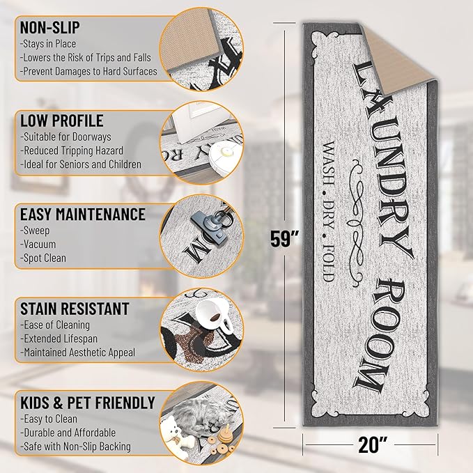 Machine Washable Border Text Design Laundry Room Rug Non-Slip Rubberback 2x5 Laundry Runner Rug for Laundry Room, Bathroom, Washroom, 20" x 59", Light Gray