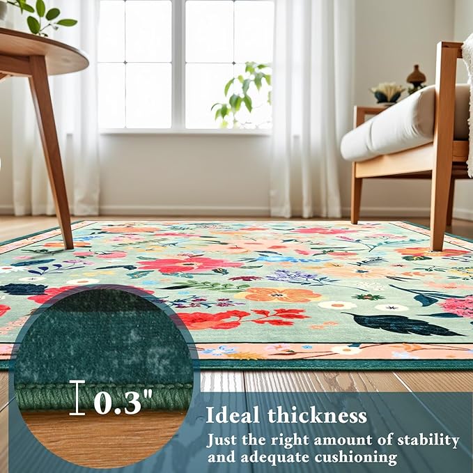 2x3 Small Floral Rug for Entryway, Flowers Printed Washable Rugs with Non Slip Backing for Girls Bedroom Kitchen, Cute Throw Carpet Front Door Entry Decor, Light Green