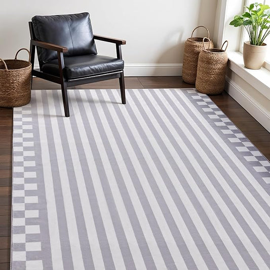Carvapet Gray Rugs for Living Room Bedroom, Striped Low Pile Modern Carpet with Rubber Backing, Foldable, Non Slip Machine Washable (6 x 4 Feet Rectangular, Grey Area Rug)