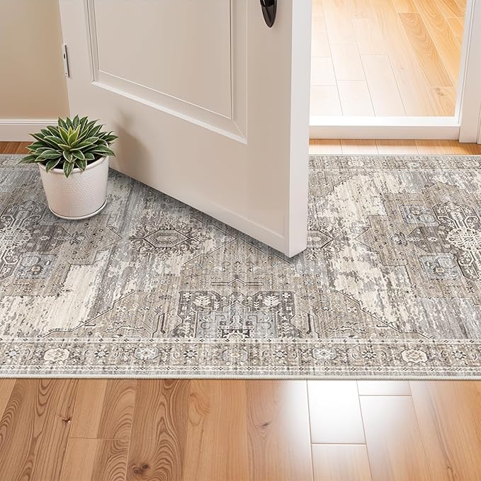 RUUGME Washable 3X8 Runner Rugs - Large Boho Rugs for Living Room Stain Resistant Carpet Vintage Tribal Rugs for Bedroom Kitchen Bathroom Non Slip Backing Home Decor Floor Decoration Mat 3x8 Beige