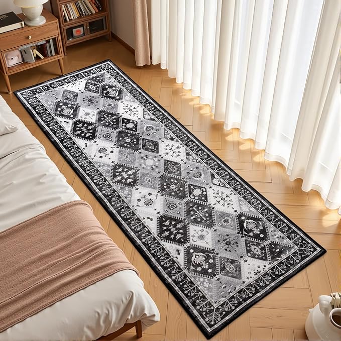 Black/Grey Washable Kitchen Runner Rug, 2x6 Boho Non-Slip Bedroom Rugs, Moroccan Floral Trellis Hallway Carpet Soft Low Pile Vintage Indoor Mat for Entryway Bedside Bathroom