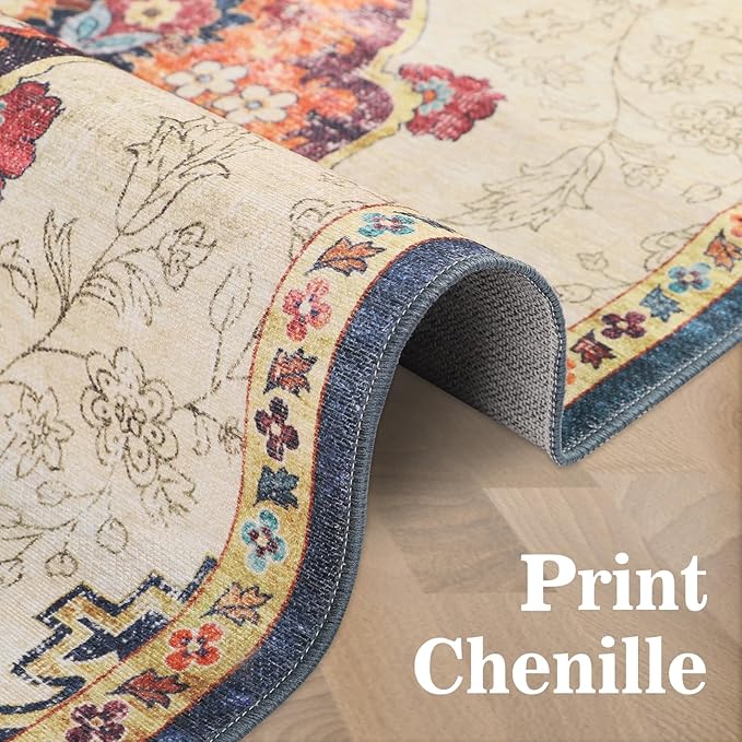 Dripex 3x5 Area Rugs, Machine Washable Non Slip Boho Rugs,Distressed Entryway Rug Doormat,No Pile Lightweight Vintage Rug, Smal Carpet Rug for Front Entrance,Office Bedroom,Multi