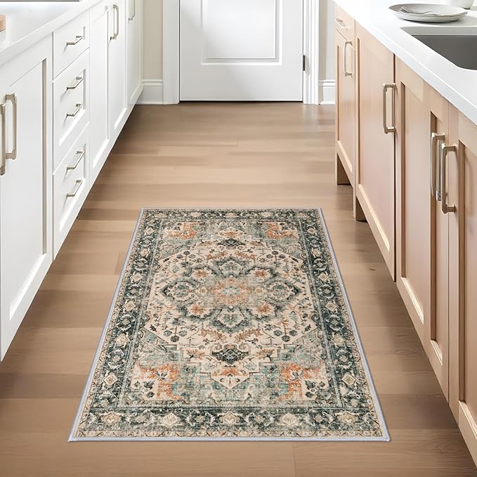 2x3 Washable Area Rug Vintage - Living Room Farmhouse Oriental Rug Distressed Non-Slip Stain Resistant Carpet for Bedroom Dining Room Home Kitchen Office (2x3 Green)