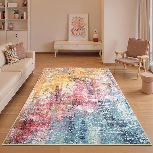 4x6 Colorful Washable Area Rug for Living Room Bedroom, Modern Abstract Non-Slip Rugs, Low Pile Soft Stain Resistant Carpet for Dining Room, Kitchen, Office, Dorm, Bedside Decor