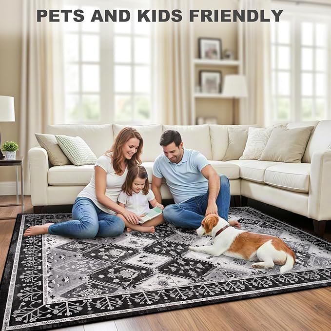 4x6 Washable Area Rug for Bedroom, Black/Grey Boho Non-Slip Living Room Rugs, Moroccan Floral Trellis Carpet Soft Low Pile Accent Indoor Mat for Bedside Kitchen Laundry Room
