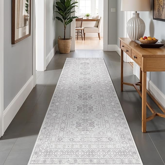 3x10 Runner Rug Kitchen Washable: Oriental Indoor Hallway Runners with Non Slip Backing Floor Mat for Entryway Door Low Pile Thin Carpet for Bedroom Bathroom Living Room Bedside Grey