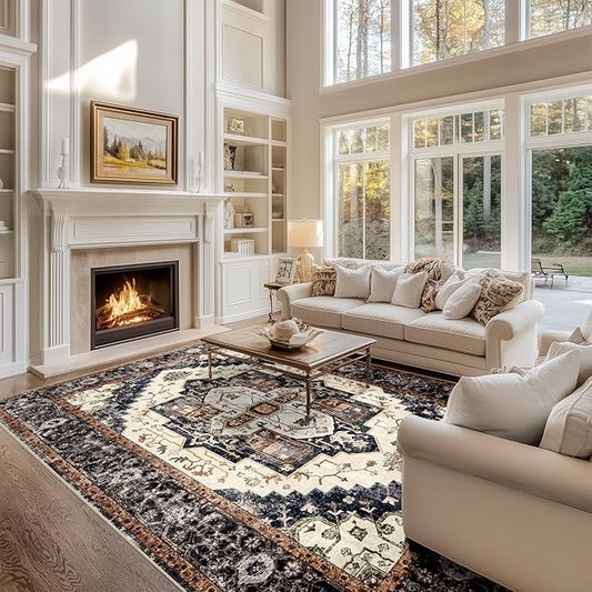 Washable 9x12 Area Rugs, Rugs for Living Room, Low-Pile Water&Stain Resistant Carpet Vintage Distressed Printed Non-Slip Carpet for Bedroom Bathroom Kitchen-Light Yellow/Choco/Brown/Navy Blue