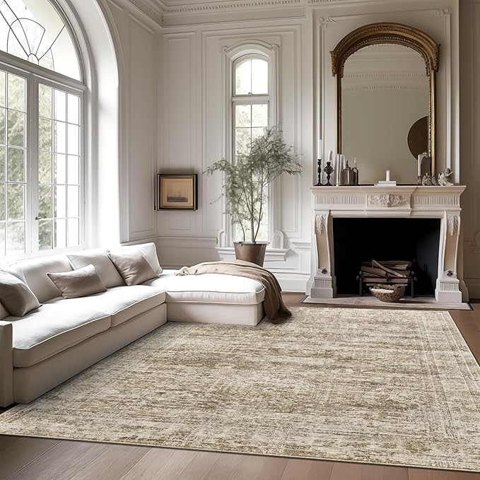 10x14 Area Rugs for Living Room, Non Slip Machine Washable Vintage Rugs, Low Pile Lightweight Large Rug for Bedroom, Dining Room, Home Office Brown