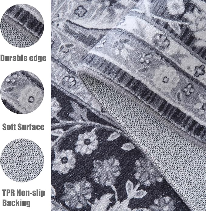 Yancorp 4'x6' Area Rug for Bedroom Washable Rug Vintage Carpet Anti Slip Living Room Big Area Rug for Dinning Room Table Grey