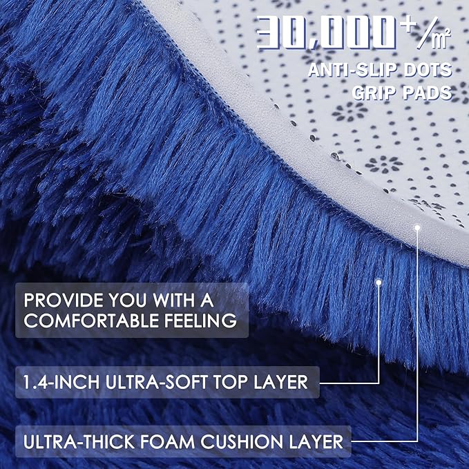 OLANLY Navy Blue Round Rugs for Bedroom - Machine Washable, 3x3 Feet Circle Area Rugs for Living Room, Soft and Fluffy Shaggy Carpet for Teen Girls and Boys, Nursery Rooms, Dorms, Home Decor Aesthetic