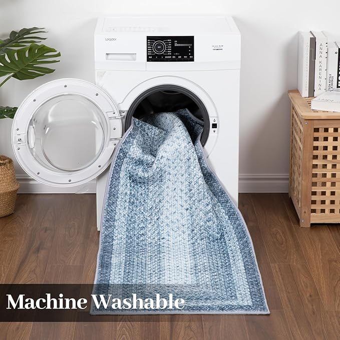 Washable Runner Rug 2x8 Bathroom Rugs Blue Modern Printed Braided Bedroom Rug Non Slip Geometric Area Rug Kitchen Rugs Stain Resistant Carpet for Laundry Room 2'x8' Blue