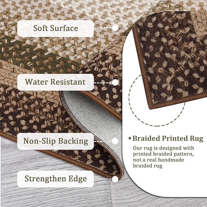 Imitation Braided Collection-Print Washable Runner Rugs 2x6 Hallway Rug with Non-Slip Backing, Farmhouse Low PileCarpet, Contemporary Bordered Indoor Mat for Bedroom, Kitchen, Laundry
