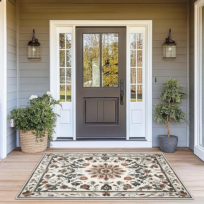3x5 Entryway Rug Boho Leaf Beige Area Rug Indoor Entrance Non Slip Door Mat Stain Resistant Washable Machine Soft Low Pile Small Carpet Bathroom Kitchen