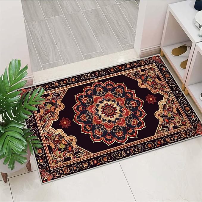 2x3 Entryway Rug Boho Black Red Vintage Oriental Area Rug Thin Small Carpet Bathroom Non Slip Indoor Entrance Low Pile Door Mat Kitchen Stain Resistant Washable Machine