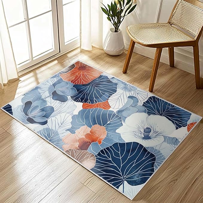 2x3 Entryway Rug Boho Botanical Leaf Japanese Navy Blue Orange Area Rug Ultra-Thin Soft Small Carpet Bathroom Non Slip Indoor Entrance Low Pile Door Mat Kitchen Stain Resistant Washable Machine