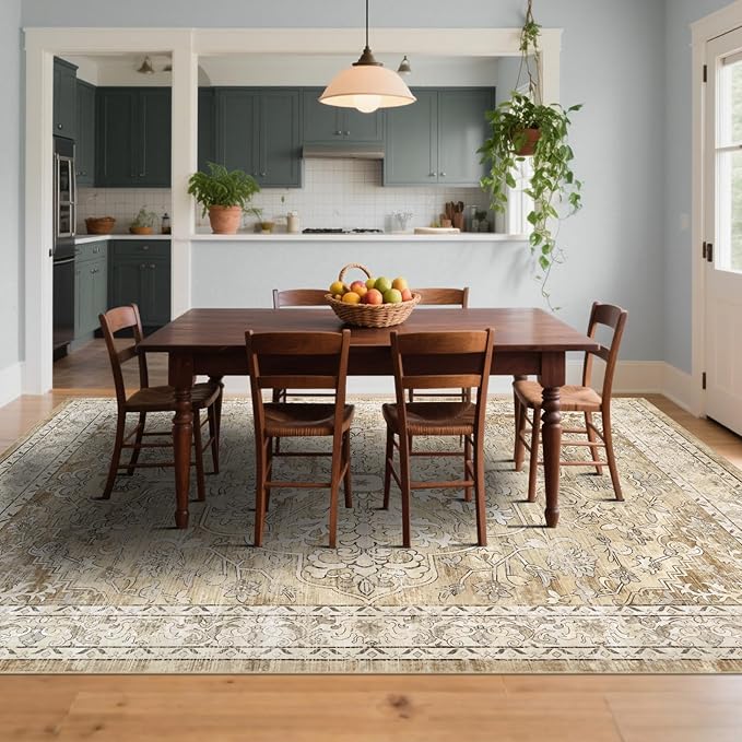 U'Artlines Boho Vintage Area Rug 8x10 Machine Washable Low Pile Soft Floor Carpet Non Slip Non Shedding Accent Rug for Living Room Bedroom Entryway Dining Room Office Cream Tan