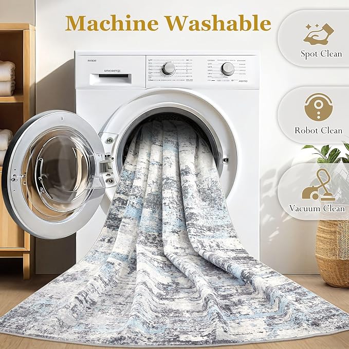 Area Rugs for Living Room: 7x9 Abstract Washable Rug Modern Neutral Large Soft Stain Resistant Non-Slip Backing Machine Table for Bedroom Dining Room Indoor Home Office Carpet - Blue Grey