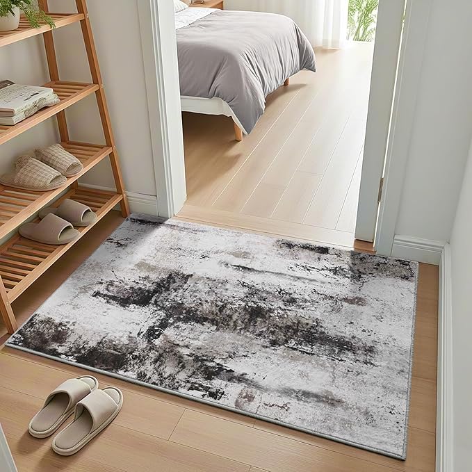 2x3 Washable Small Area Rug, Brown Abstract Non-Slip Door Mat, Modern Low Pile Indoor Entryway Rugs, Stain Resistant Throw Carpet for Front Door, Kitchen, Entry, Inside Entrance