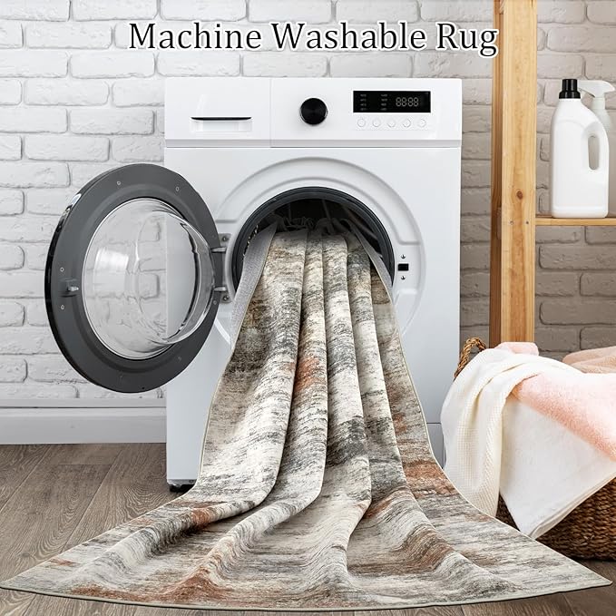 Area Rugs for Living Room: 6x9 Washable Neutral Modern Rug for Bedroom Large Soft Abstract Dining Room Rugs Indoor Floor Low Pile Carpet for Home Office Nursery - Rust Grey
