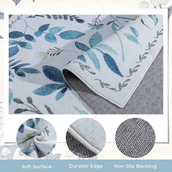 Syalife 2x3 Area Rugs, Non Slip Washable Small Rugs for Entryway, Kitchen, Bathroom, Kids Room, Low Pile Entry Throw Rug Indoor Front Door Mat (Blue Leafy, 2'x3')