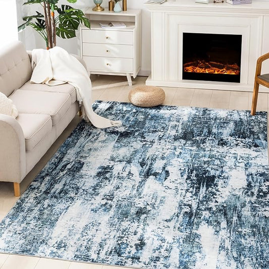 Carvapet Rugs for Living Room Bedroom, Modern Abstract Low Pile Large Carpet with Rubber Backing, Foldable, Non Slip Machine Washable Indoor Decor (9 x 6 Feet Rectangular, Blue Area Rug)