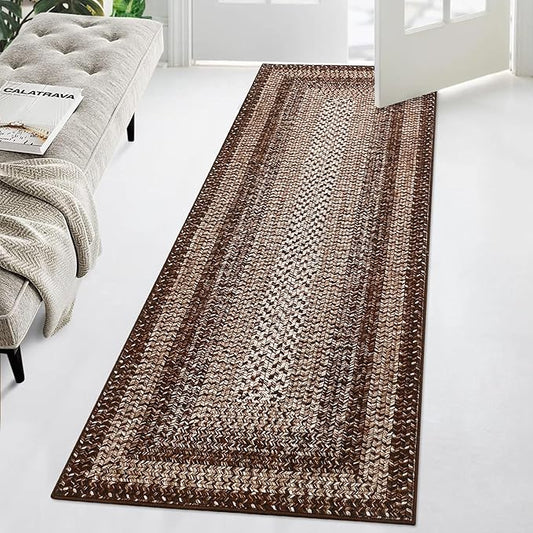 Washable Runner Rug 2x6 Bathroom Rugs Dark Brown Modern Printed Braided Bedroom Rug Non Slip Geometric Kitchen Rugs Stain Resistant Carpet for Laundry 2'x6' Dark Brown