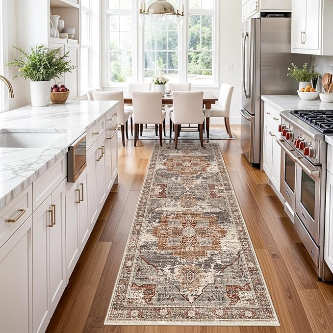 RUUGME Washable 3X8 Runner Rugs - Large Boho Rugs for Living Room Stain Resistant Carpet Vintage Tribal Rugs for Bedroom Kitchen Bathroom Non Slip Backing Home Decor Floor Decoration Mat 3X8 Brick