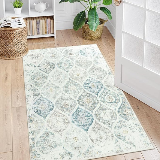 LIVEBOX Entryway Rug 3x5 Washable Area Rugs for Kitchen Bathroom, Boho Non-Slip Front Door Mat for Bedroom, Moroccan Low-Pile Carpet Throw Indoor Mats for Bath Laundry Room, Grey/Blue