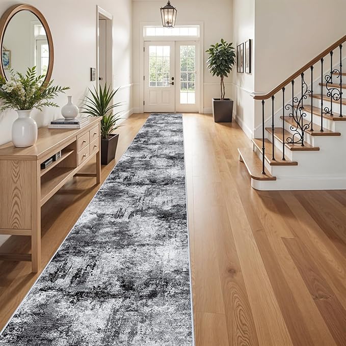 RUUGME Washable Hallway Rug 3x20 - Runner Rug Stain Resistant for Living Room Non Slip Indoor Entryway Rubber Backing Carpet Bedroom Kitchen Distressed Floor Decor Mat Machine Washable 3x20 Black A