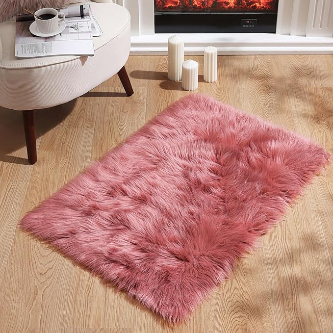 Ashler Faux Fur Rug: Ultra Soft, Fluffy Shaggy 2 x 3 Feet Rectangle, Blush Pink Fuzzy, Machine Washable, Nursery Decor for Bedroom & Living Room