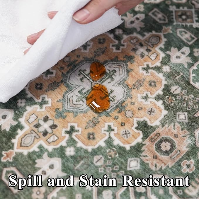 10x14 Rug Living Room: Extra Large Washable Area Rugs Super Soft Distressed Oriental Rugs with Non Slip Backing Farmhouse Rug Low Pile Thin Stain Resistant Indoor Carpet 10x14 Green/Multi
