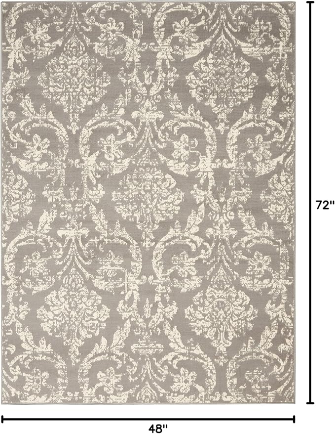 Nourison Jubilant Damask Grey 4' x 6' Area--Rug, Easy--Cleaning, Non Shedding, Bed Room, Living Room, Dining Room, Kitchen (4x6)