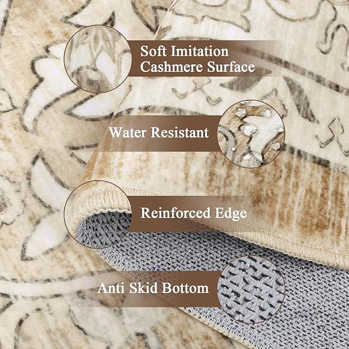 U'Artlines Boho Vintage Area Rug 8x10 Machine Washable Low Pile Soft Floor Carpet Non Slip Non Shedding Accent Rug for Living Room Bedroom Entryway Dining Room Office Cream Tan