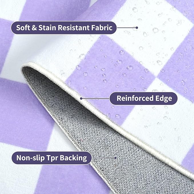 Terrug Purple and White Small Checkered Rug for Bedroom, 2x3 Soft Washable Rug with Non Slip Backing, Low Pile Throw Carpet for Entryway Hallway Kitchen Laundry Room