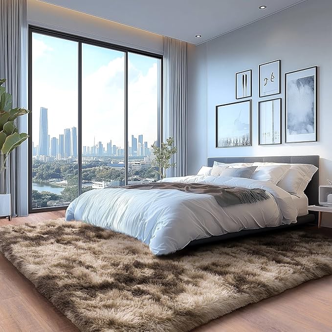 Soft Shaggy Rugs Fluffy Rug, Plush Area Rugs for Living Room Nursery Home Decor, Tie-Dyed Brown Anti-Skid Rectangular Fuzzy Rug 8x10 Feet