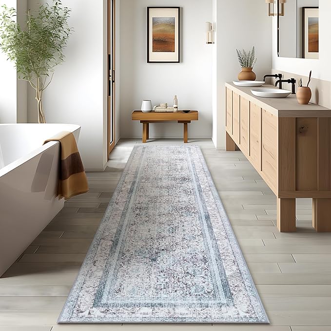 Phantoscope Hallway Runner Rug 2'x8' - Boho Washable Non-Slip Kitchen Rug Runner, Ultra-Thin Vintage Distressed Accent Throw Rug for Entryway Laundry Bathroom Bedroom, Blue/Grey