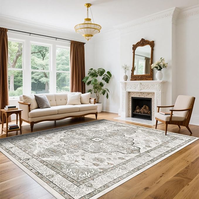 U'Artlines Boho Vintage Area Rug 8x10 Machine Washable Low Pile Soft Floor Carpet Non Slip Non Shedding Accent Rug for Living Room Bedroom Entryway Dining Room Office Grey Taupe