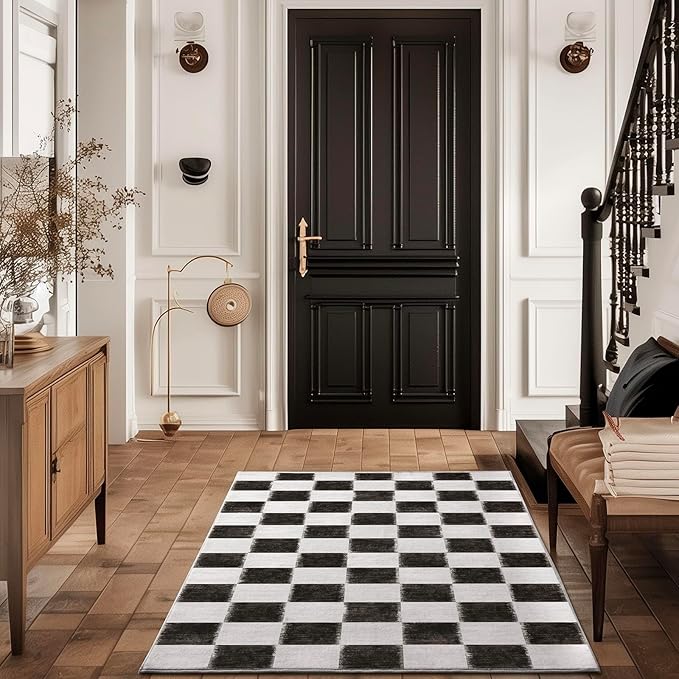 EVERGRACE Checkered Plaid Area Rug 3x5, Soft Fuzzy Faux Wool Rugs Washable Anti Slip Rugs Rug Carpet for Entryway Bedroom Living Room Hallway Kitchen and Laundry Room, Black and White