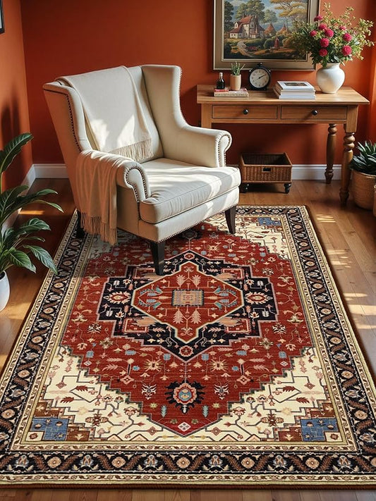 3x5 Orange Red Area Rug for Living Room, Machine Washable Rugs with Non-Slip Backing for Bedroom, Vintage Medallion Carpet Kitchen Laundry Kids Room Decor