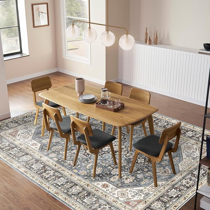 Washable Area Rug Vintage - 9x12 Bedroom Living Room Large Indoor Rugs Soft Oriental Rugs Non-Slip Backing Stain Resistant for Farmhouse Kitchen (9x12 Navy Blue)