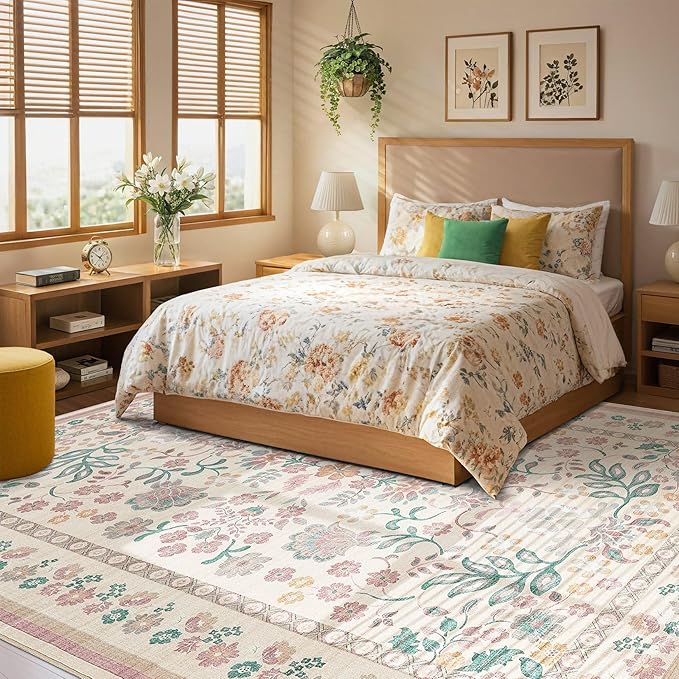 5x7 Area Rug Living Room Rugs - Washable Boho Vintage Floral Large Soft Non Slip Thin Rug Low Pile Carpet for Bedroom Dining Room Kids Playroom Office Decor Indoor- Pink